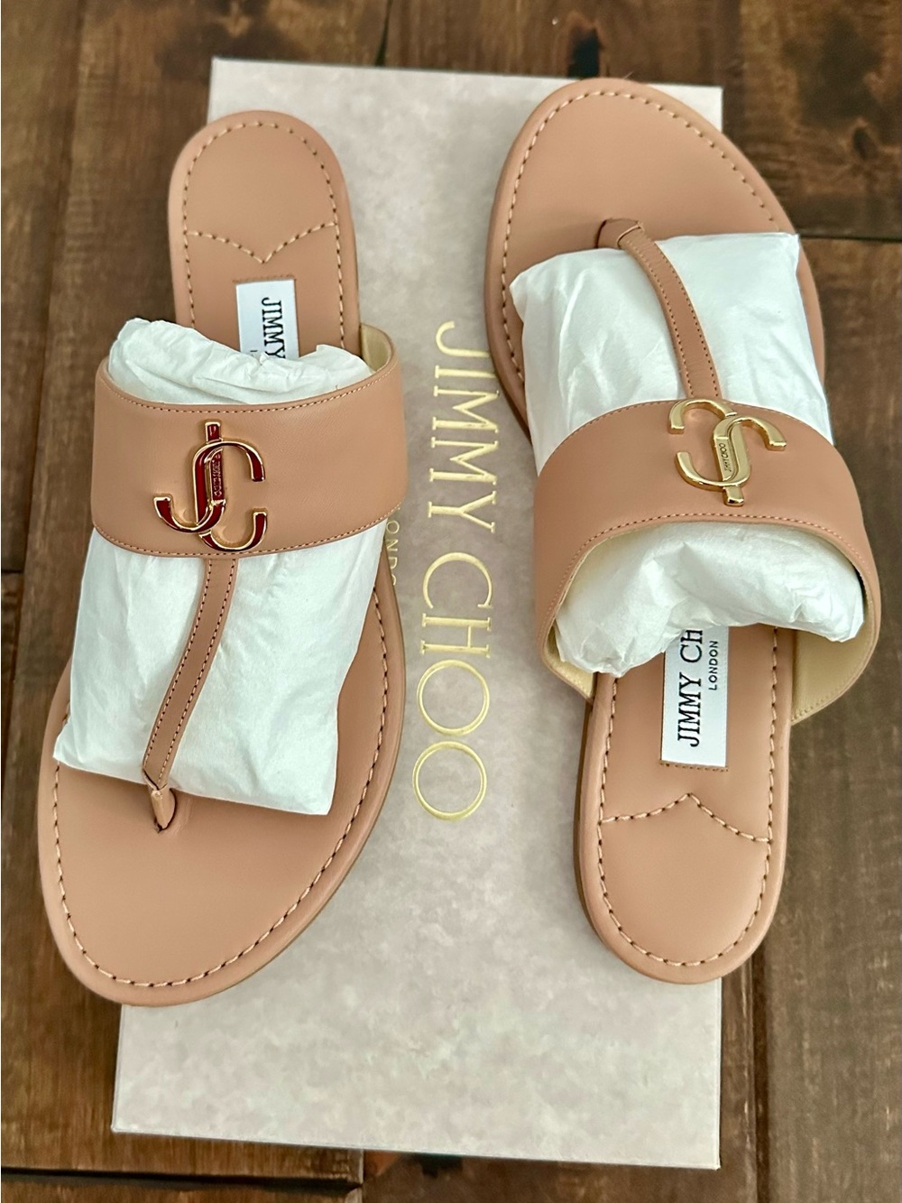 New Jimmy Choo JC Monogram Flat Leather Thong Sandal size 9.5-10